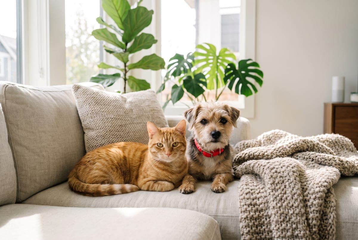 Evde kanepede birlikte uzanan kedi ve köpek